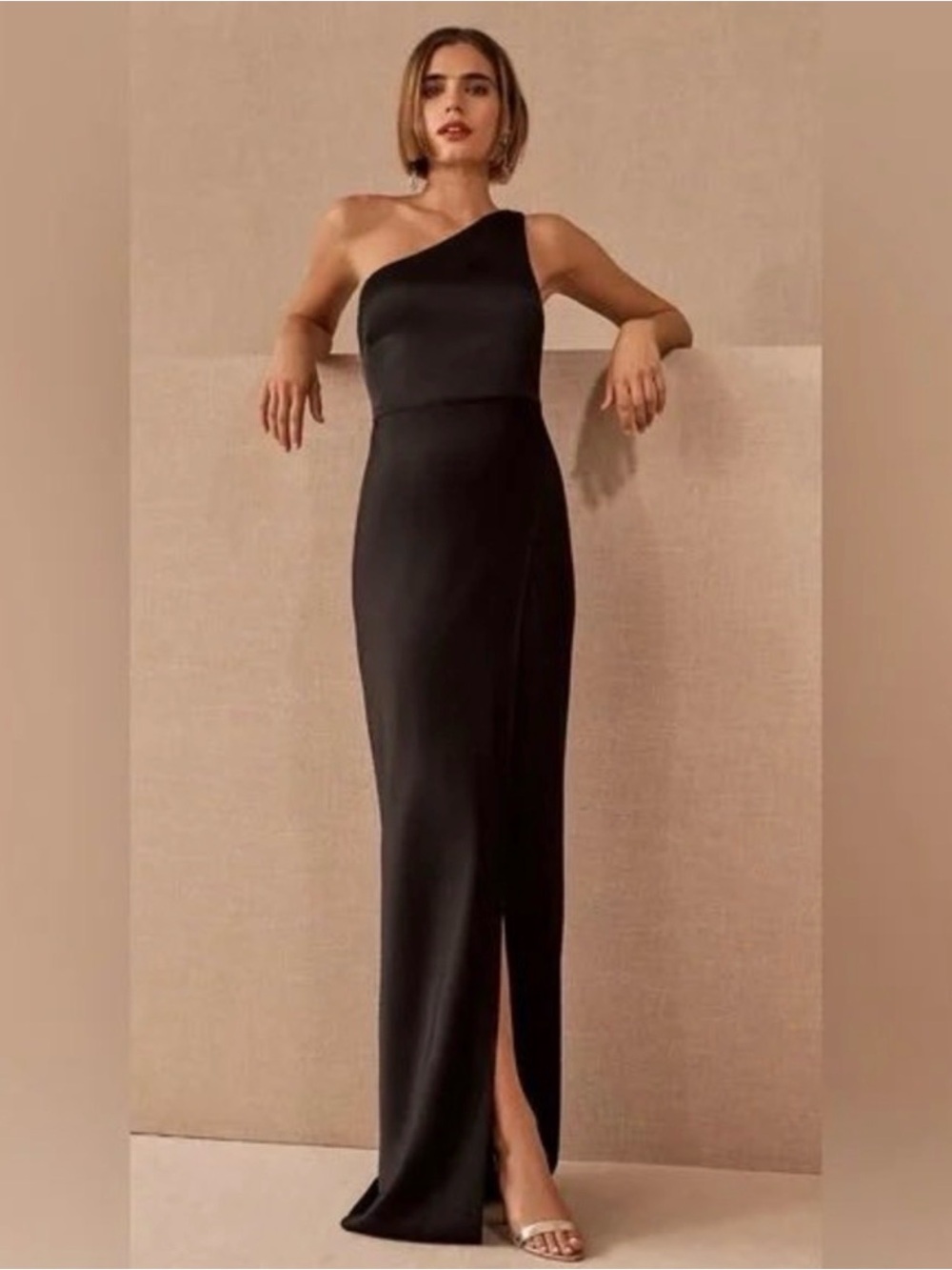 BHLDN Dylan One Shoulder Satin Side Slit Gown Black Size 10